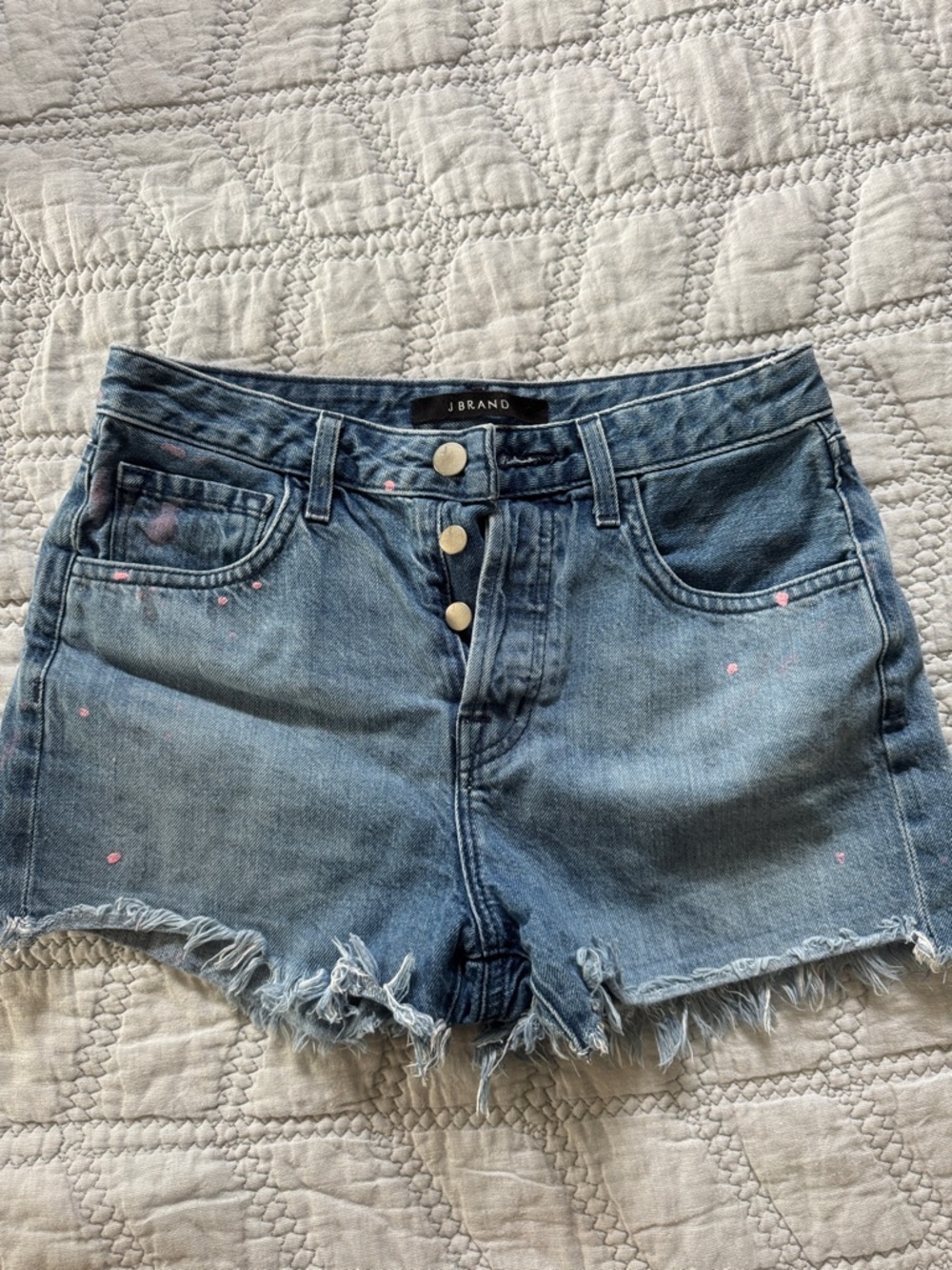 J Brand Light Blue Denim Cutoff Shorts with Pink Paint Accents